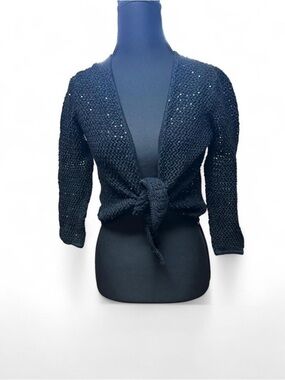 Y2K black sequin tie front bolero fairycore cropped shrug going out top S vtg